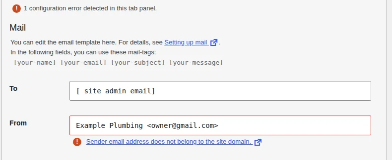 Contact Form 7 Mail tab showing a red From field with the warning Sender email address does not belong to the site domain