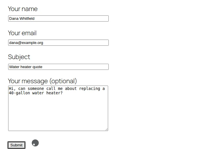 Contact Form 7 form after clicking Submit with a loading spinner next to the button and no message