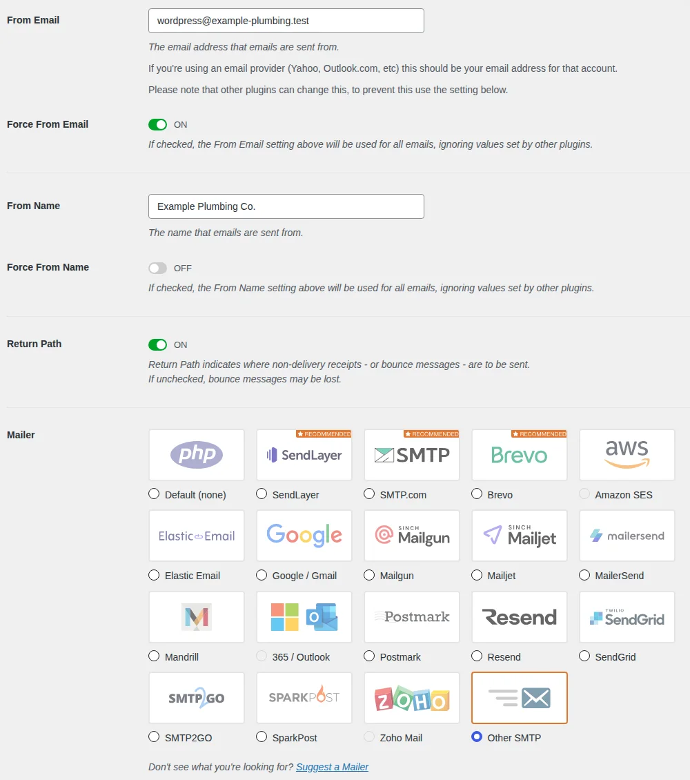 WP Mail SMTP settings screen showing the From Email field, the Force From Email switch, and the grid of mailer choices